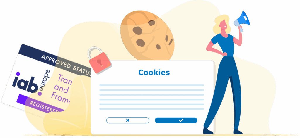 A woman holding a megaphone next to a cookie and a certified IAB europe stamp