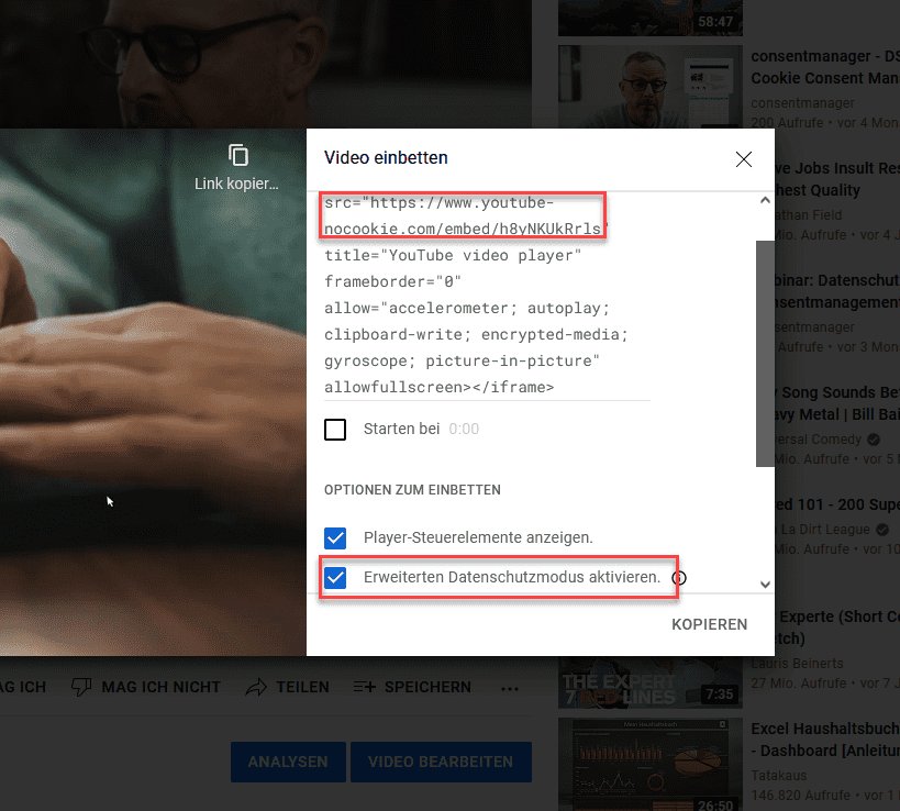 Erweiterten Datenschutzmodus Option bei das einbetten eines YouTube-Videos aktivieren