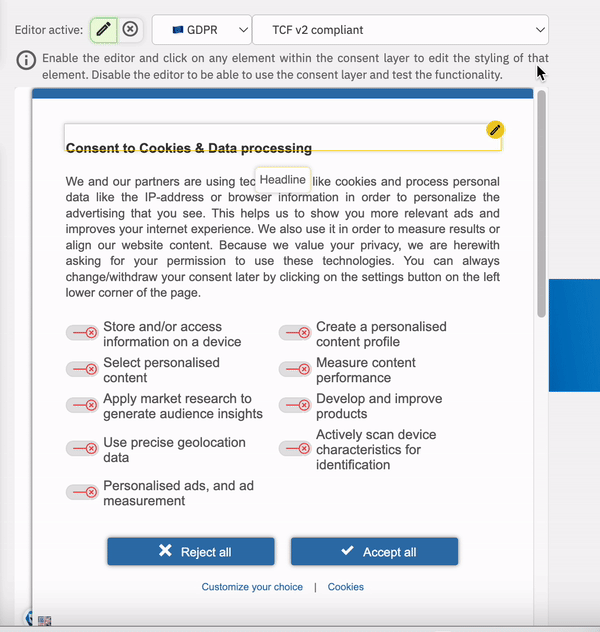 einen Screenshot eines Computerbildschirms, auf dem der Hinweis auf Cookies und Datenverarbeitung markiert ist