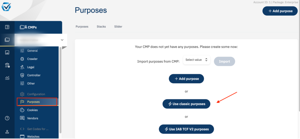 a screenshot of the consentmanager dashboard with the Use classic purposes button highlighted