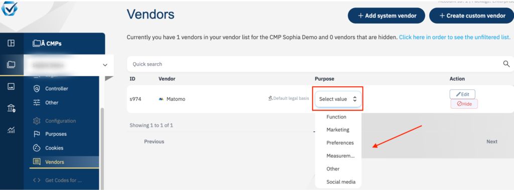 a screenshot of the consentmanager dashboard with the Purpose button highlighted