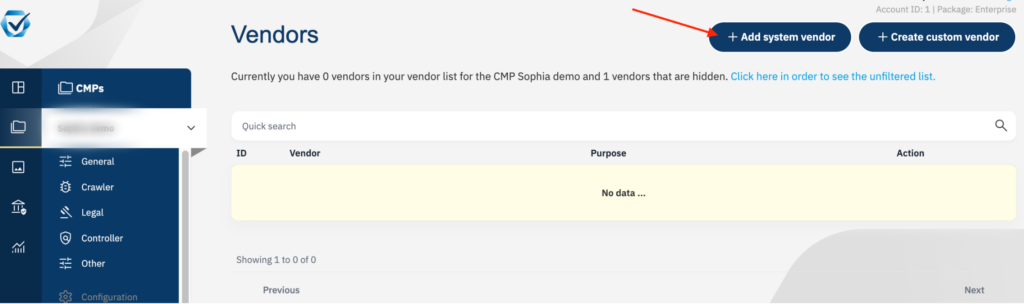 a screenshot of the consentmanager dashboard with the Add System Vendor button highlighted