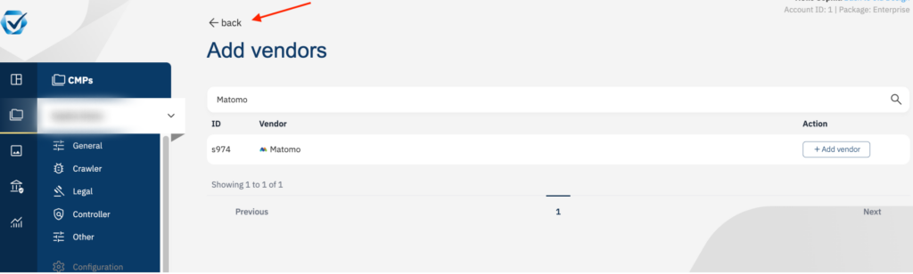 a screenshot of the consentmanager dashboard with the Back button highlighted