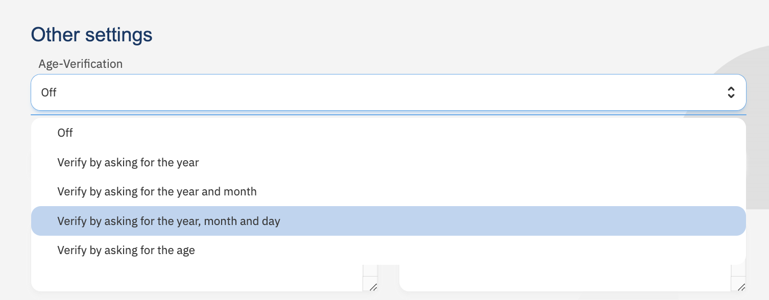 Altersverifikationsfunktion Screenshot consentmanager Dashboard