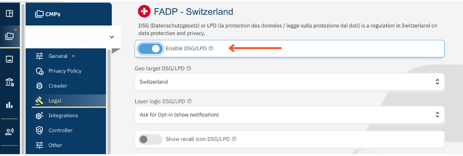 consentmanager CMP Dashboard FADP Switzerland Activation