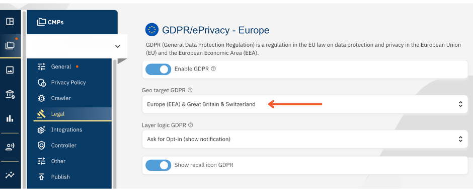 consentmanager CMP Dashboard GDPR Switzerland Activation
