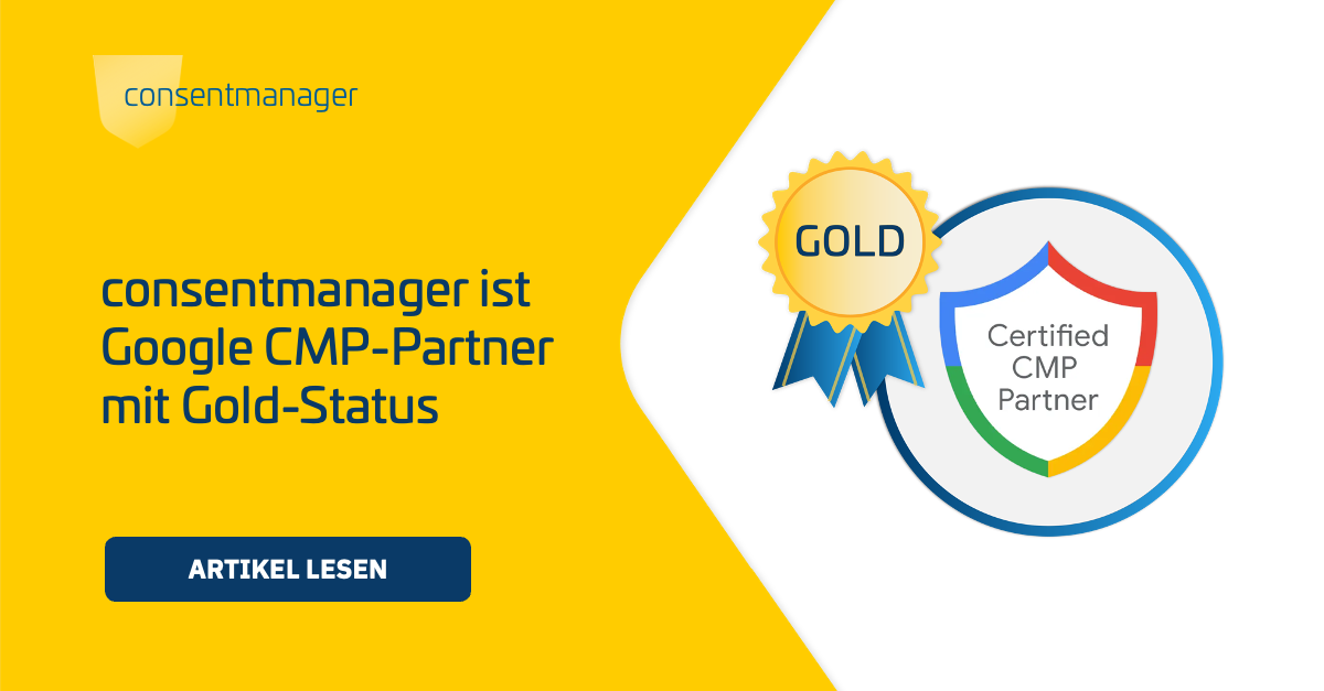 consentmanager-Logo mit dem Text 'consentmanager ist Google CMP-Partner mit Gold-Status' auf der linken Seite. Goldmedaille mit einem Band neben einem Schild mit dem Text 'Certified CMP-Partner' in Google Markenfarben.