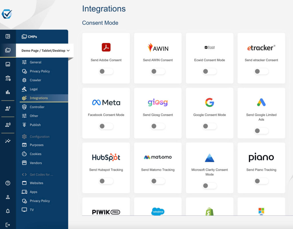 consentmanager dashboard - Integration options