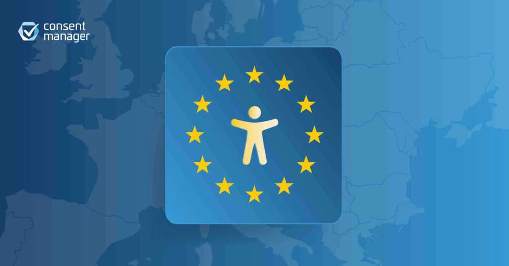 EAA 2025 – Logo für Barrierefreiheit in der Mitte der Grafik mit dem Logo von consentmanager.
