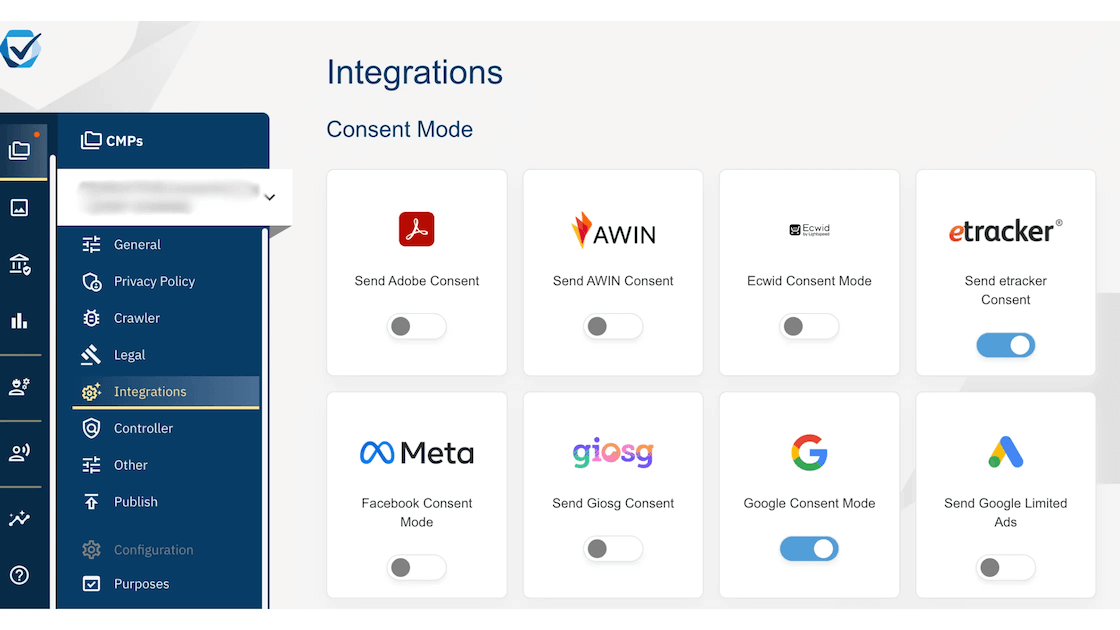 Screenshot of consentmanager Dashboard - Integrations Section 