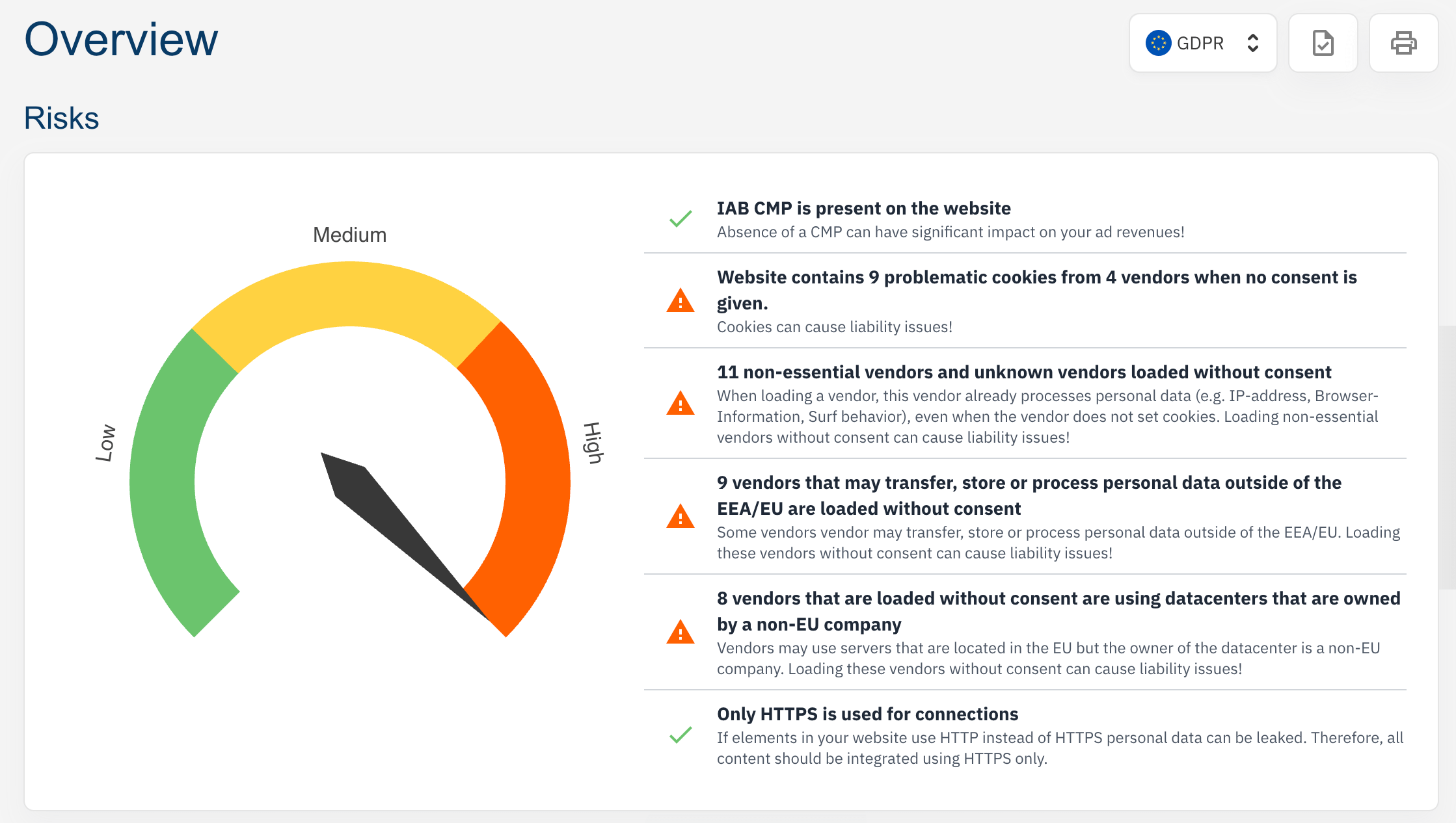Screenshot of consentmanager Compliance Monitor Risks Overview