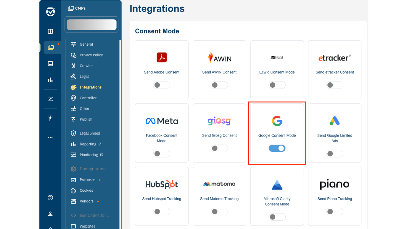 consentmanager Dashboard - Integrations Section