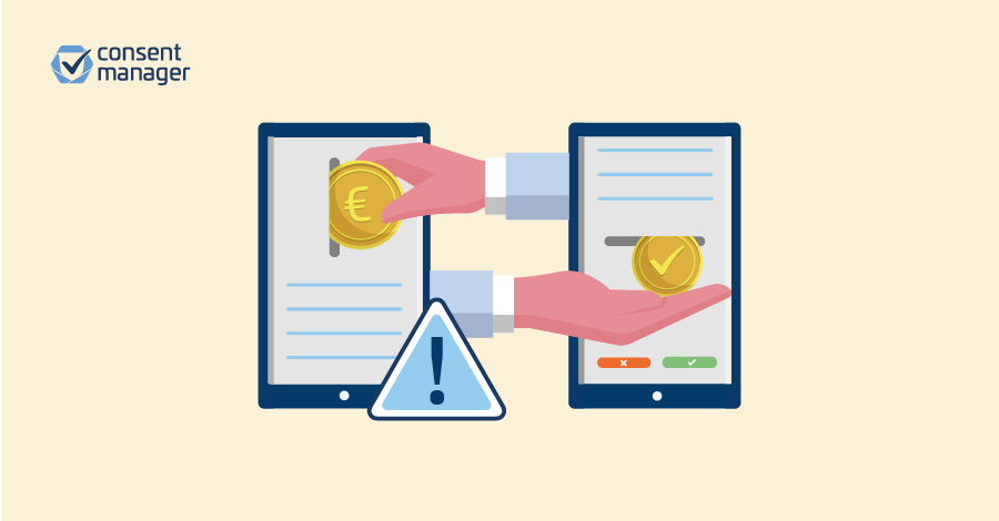 Grafik, die das Modell Consent or Pay symbolisiert, mit zwei Bildschirmen und zwei Händen, von denen eine eine Münze und die andere ein Opt-in-Symbol hält.