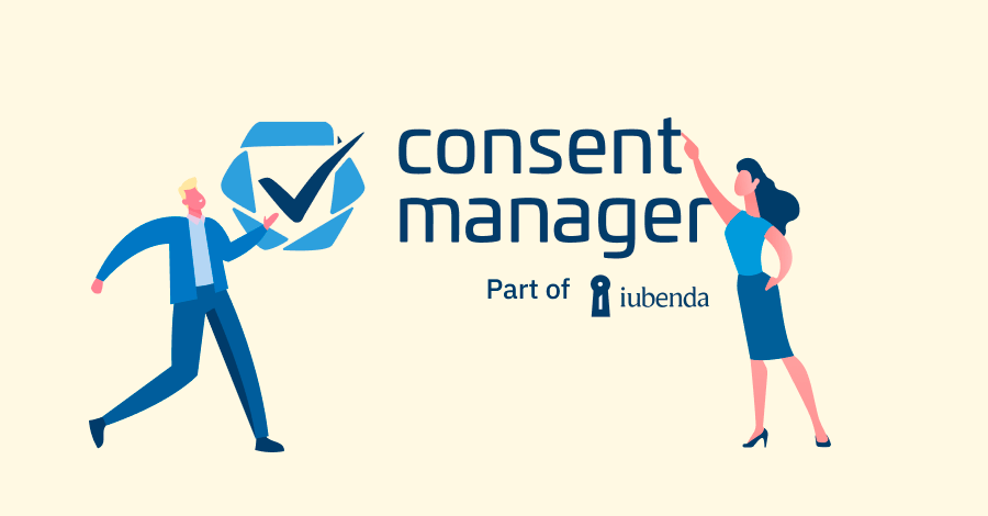Ein Mann und eine Frau stehen nebeneinander. Der eine zeigt auf das consentmanager-Logo, die andere auf das iubenda-Logo.