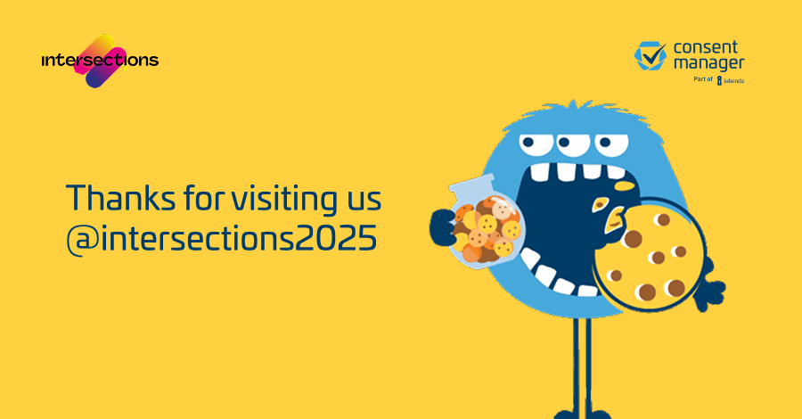 consentmanager Cookie Monster mit einem Cookie in der Hand, mit text: „Thanks for visiting us @intersections2025“